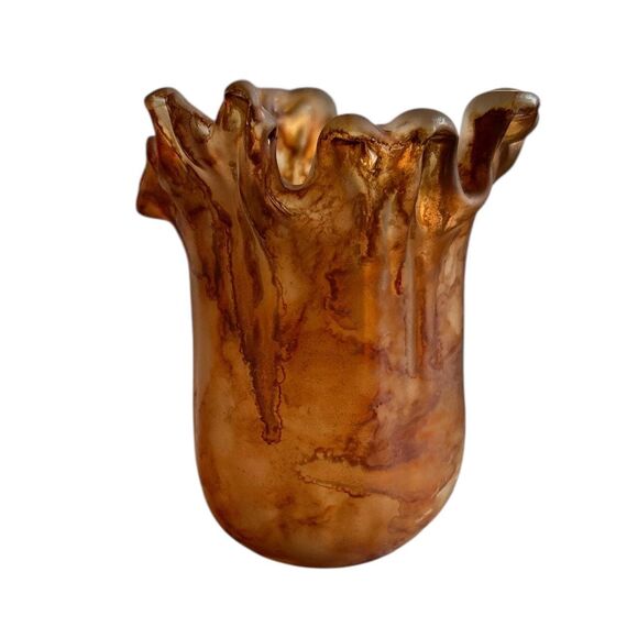 Hand Blown Rust and Orange Murano Style Art Glass Vase with Frosted Interior - Picture 2 of 6